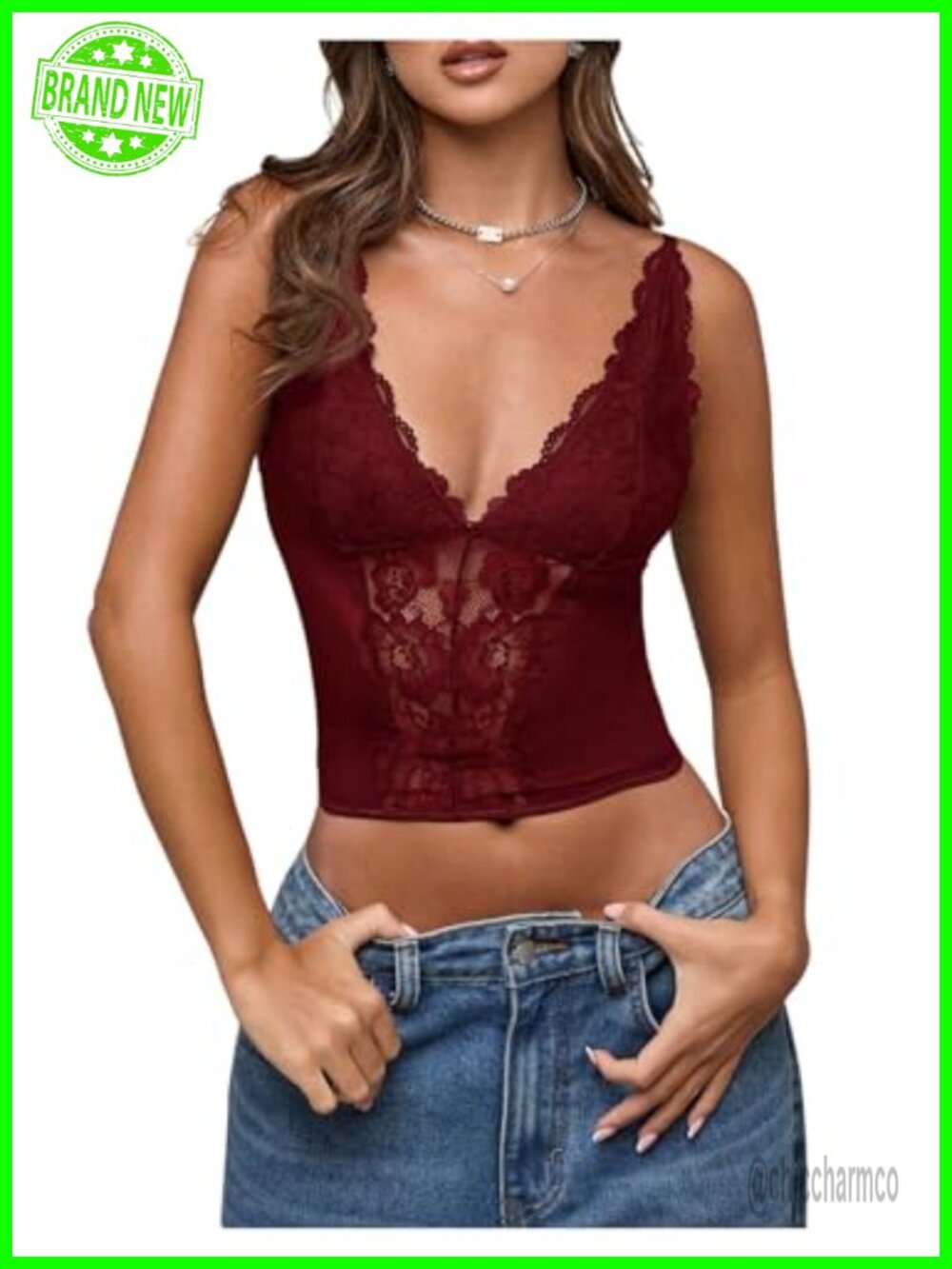 SHENHE Mesh Lace Bustier Crop Cami Spaghetti Strap Deep V Slim Fit Top